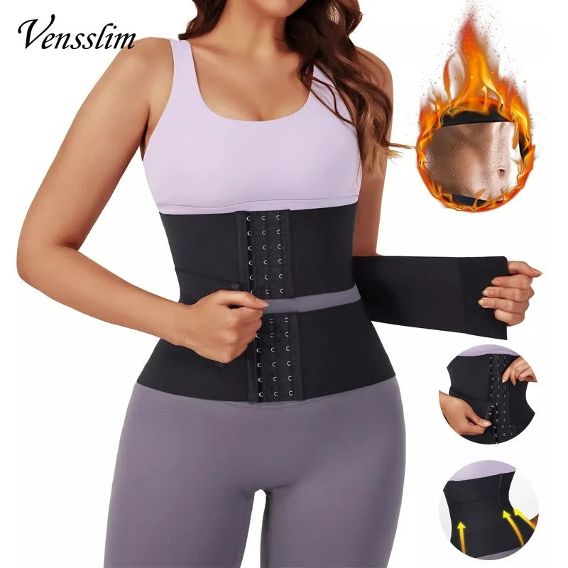 Woman wearing a black waist trainer with flame graphic and 'Vensslim' branding.