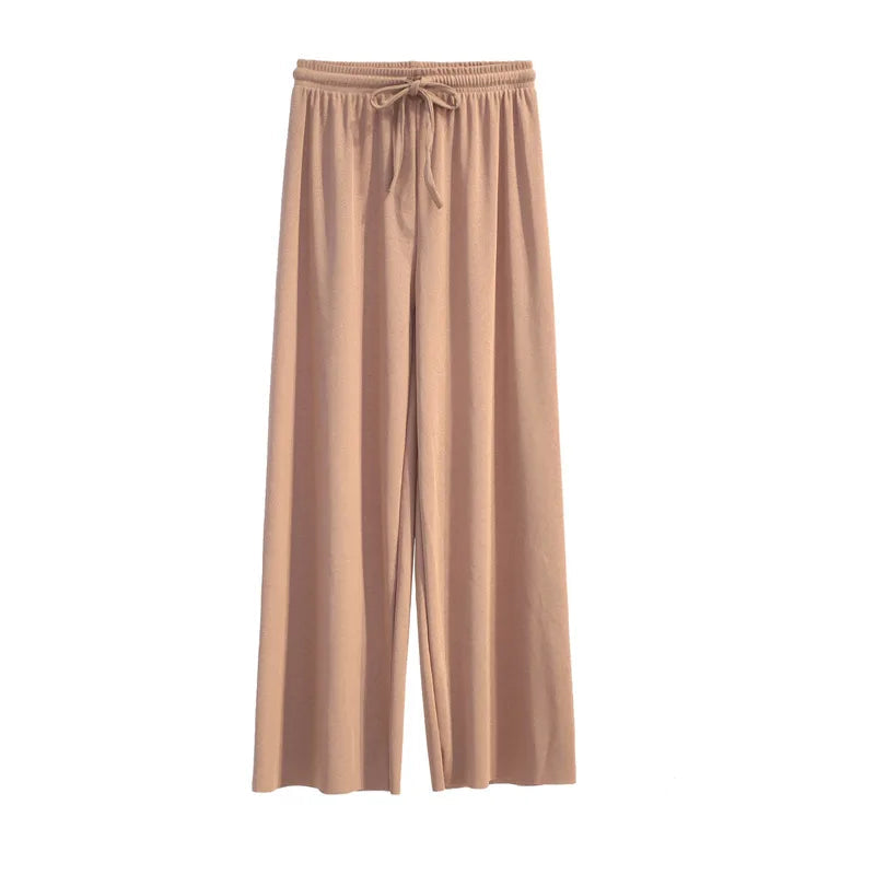 Beige wide-leg pants with a drawstring on a white background