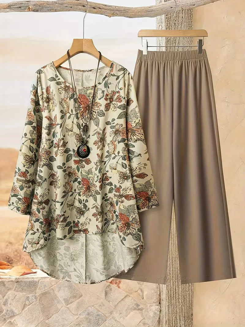 Casual Plus Size 2 Piece Set Women Outfit 2026 Fall Winter Summer Long Sleeve Floral Print Blouse Tops And Wide Leg Pant Sets