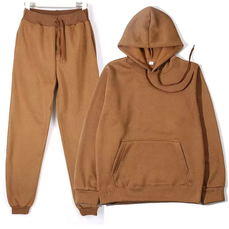 Unisex solid color fleece hoodie and pants two‑piece sports set for autumn and winter