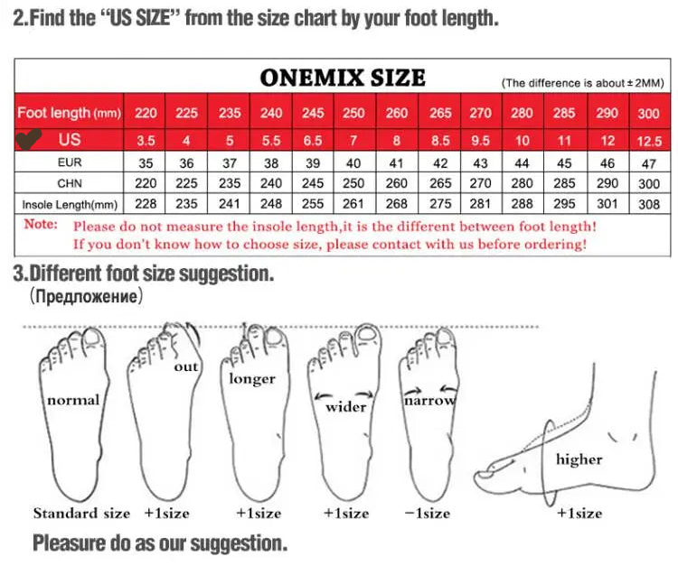 Instructions on how to choose the right shoe size with foot measurement diagrams and a size chart.