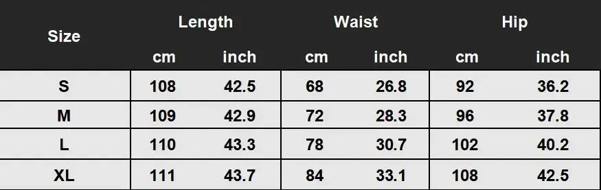 A size measurement chart with a dark gray header and white table rows showing measurements in centimeters and inches for sizes S, M, L, and XL across length, waist, and hip.