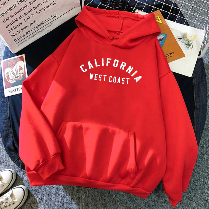 Women's California West Coast loose hoodie with creative pattern and fleece lining. -Red