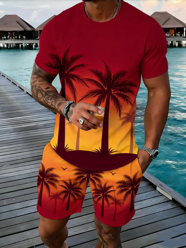Person wearing a red and orange outfit with palm tree design by a waterfront.