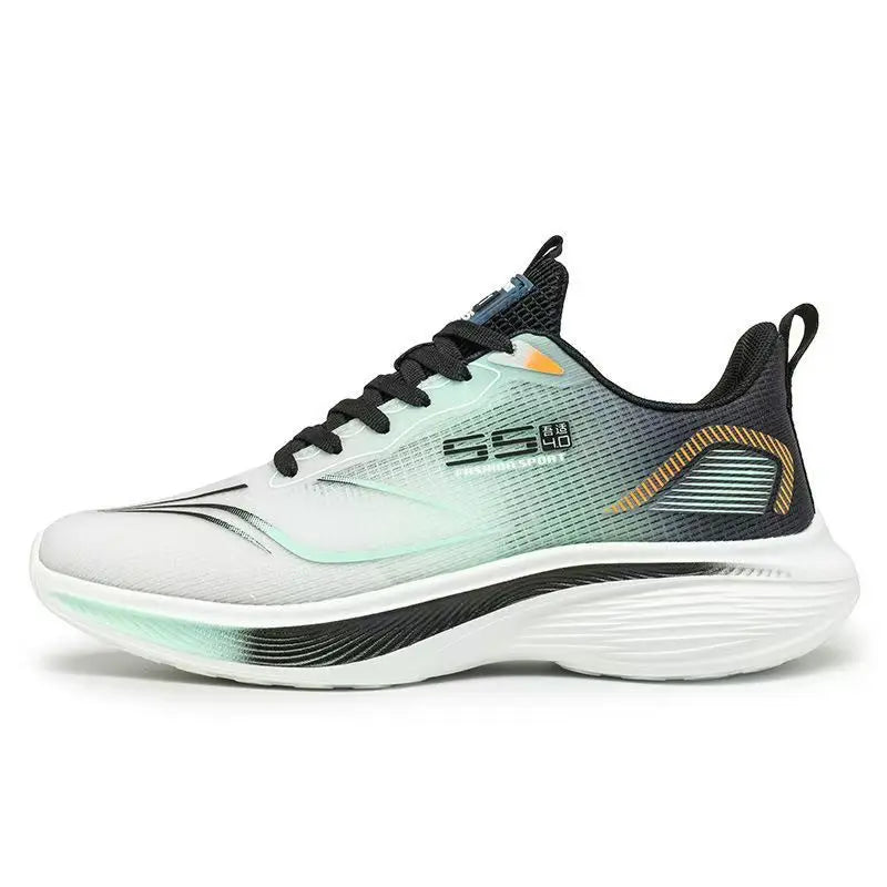 White running shoe with black and blue accents on a white background
