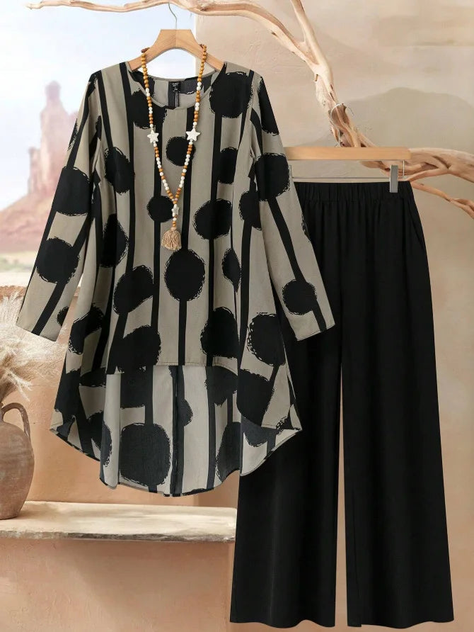 Casual Plus Size 2 Piece Set Women Outfit 2026 Fall Winter Summer Long Sleeve Floral Print Blouse Tops And Wide Leg Pant Sets