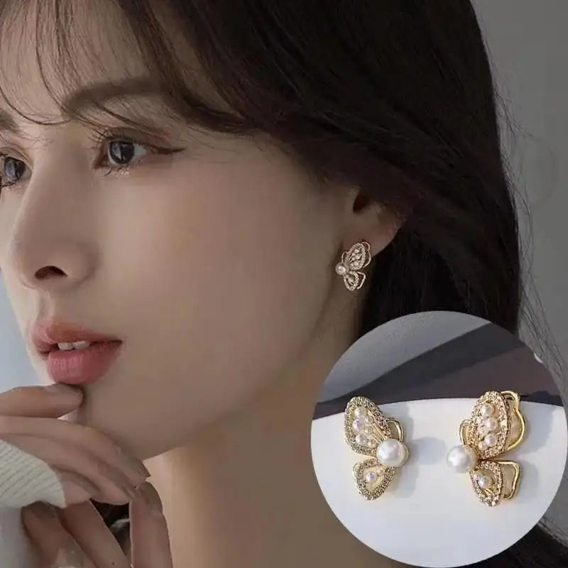 Close-up of a woman wearing gold earrings with pearl accents, inset showing earrings on a white background.
