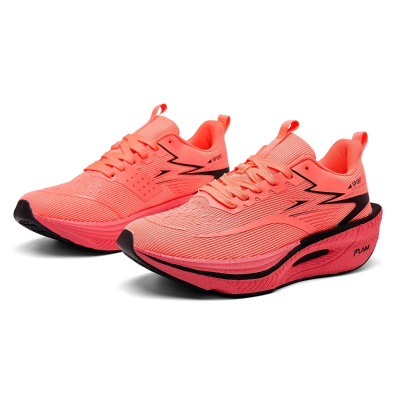 Neon pink running shoes with black accents on a white background