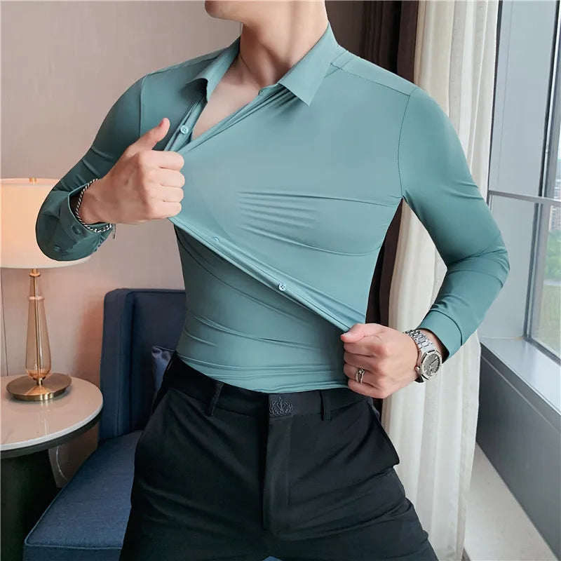 Plus size men’s seamless long sleeve slim fit shirt in high elasticity fabric, available from M to 4XL, suitable for casual and formal occasions. - 4