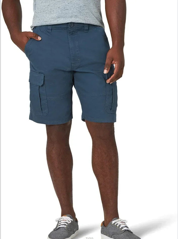 Person wearing blue cargo shorts on a white background