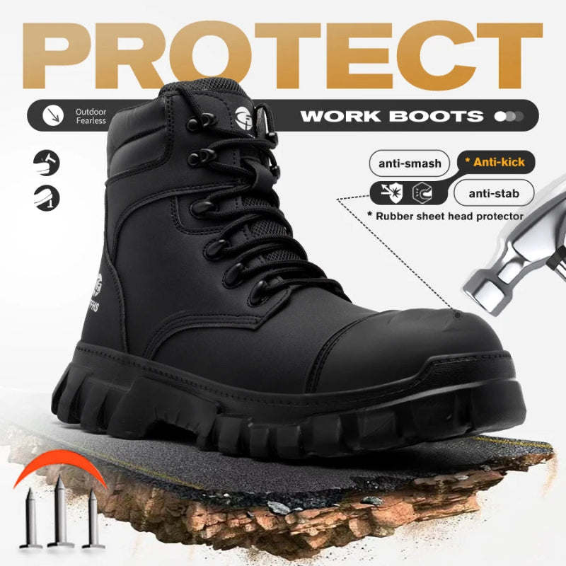 Black work boot with protective features on a white background