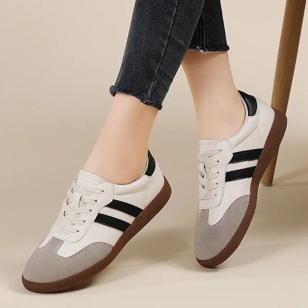 women’s flat luxury sneakers in grey and white with retro low-cut design, round toe, and lace-up closure – perfect for casual autumn fashion -  beige