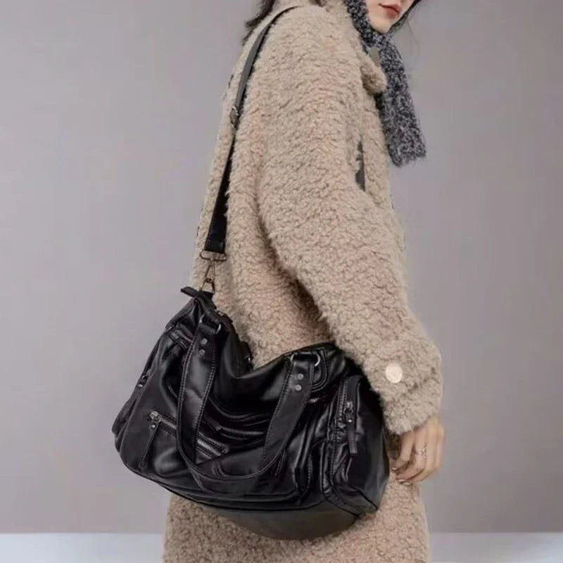 Women's large capacity tote bag with multiple pockets crossbody shoulder handbag moto style commuter purse 05