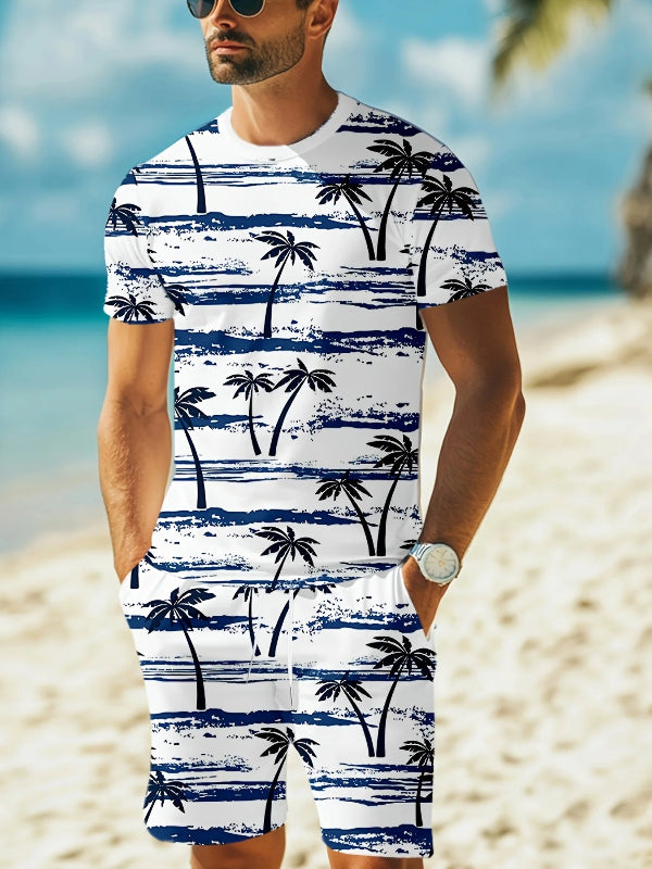 Men's Coconut Grove print casual two-piece set with short sleeve shirt and drawstring shorts summer vacation outfit white and black