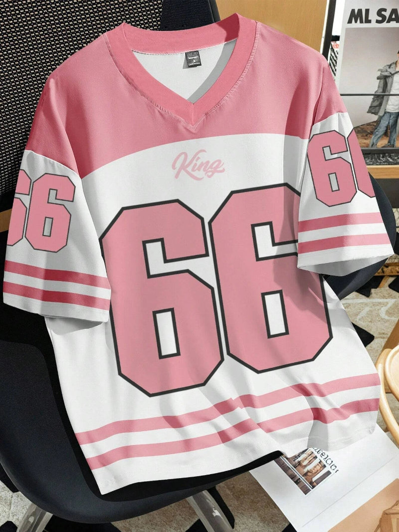 Women Clothing No.66 V-neck Football Jersey  -white pink