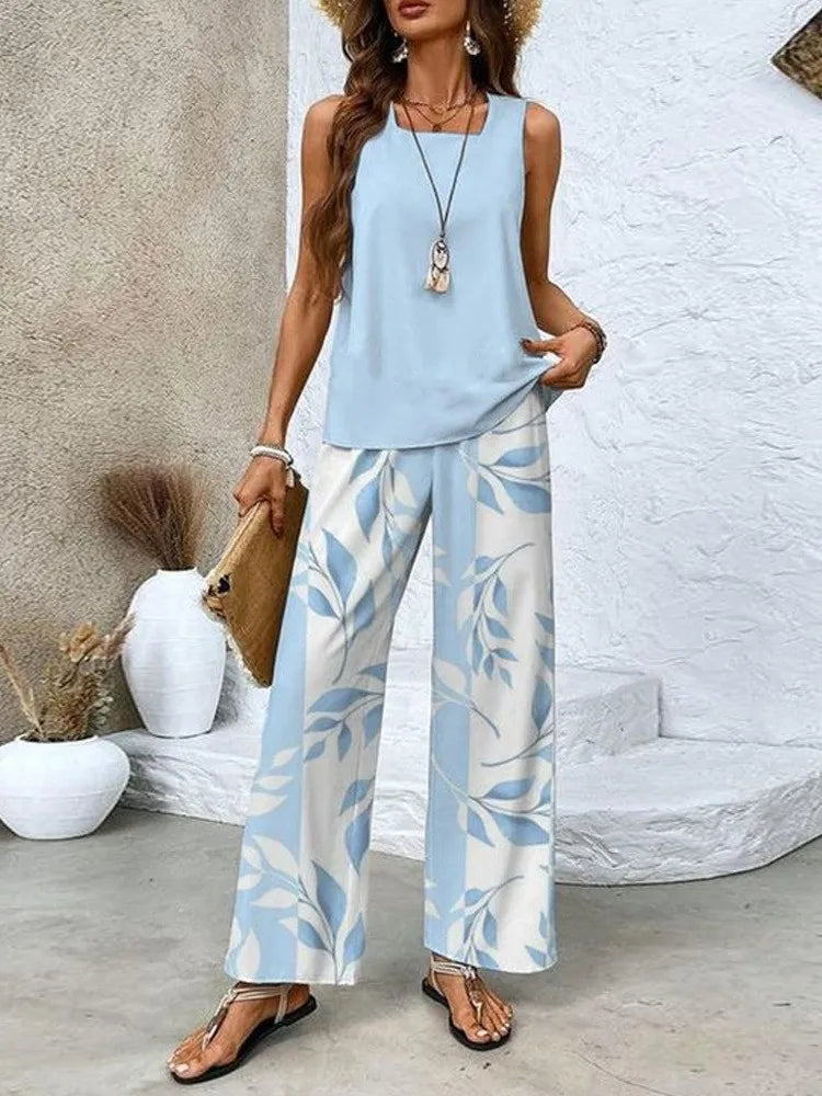 Women's Botanical Print 2-Piece Set | Sleeveless Top & Wide Leg Pants