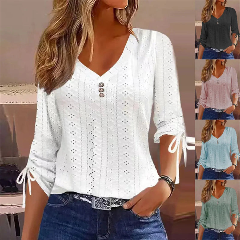 Woman wearing a white lace top with a grid of similar images.