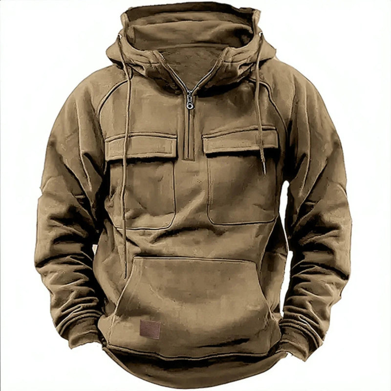 Brown hoodie with front pockets and a zipper on a white background