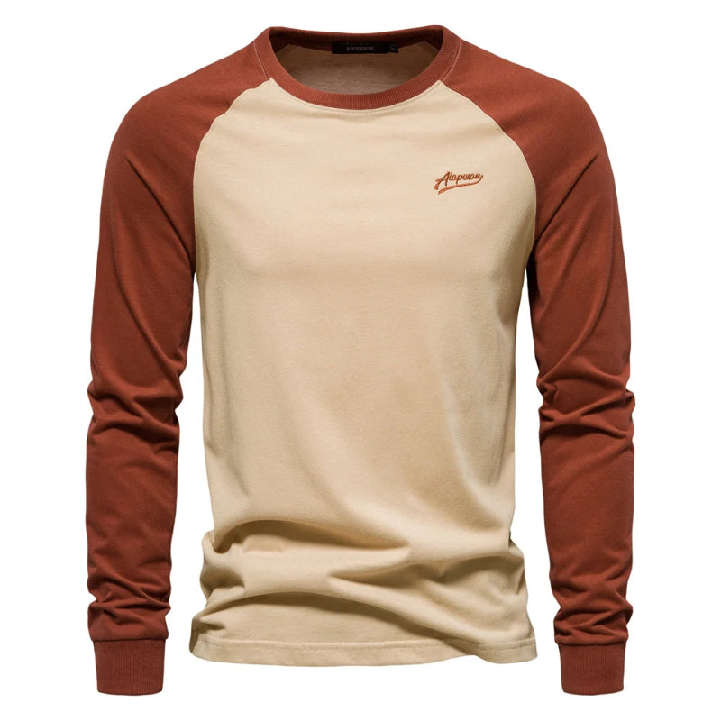 AIOPESON men's 100% cotton long sleeve patchwork casual t-shirt - beige and orange