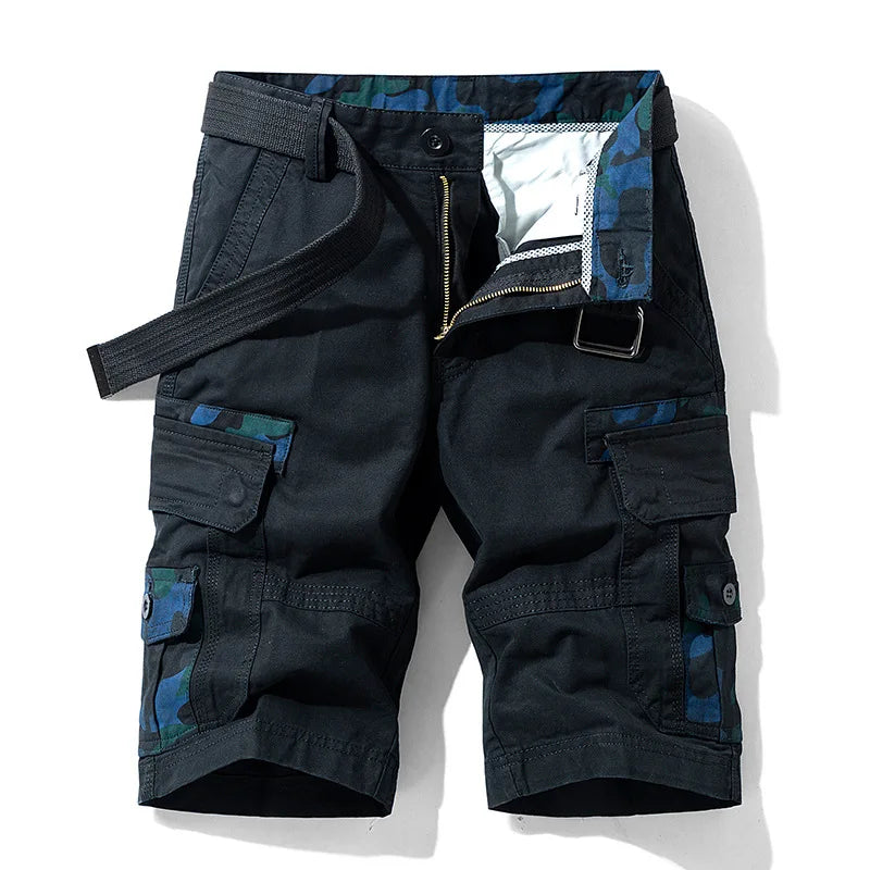 Black cargo shorts with blue patterned lining on a white background