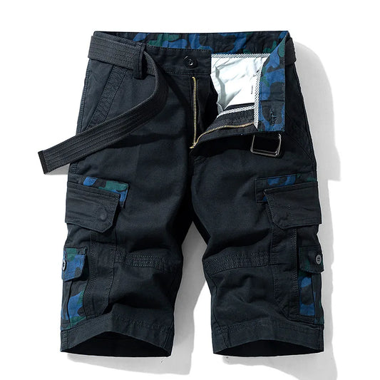 Black cargo shorts with blue patterned lining on a white background