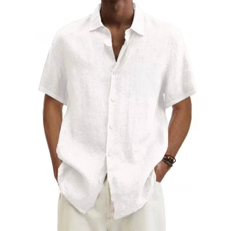 Men’s cotton linen short-sleeve shirt with turn-down collar in solid color, casual beach style, plus size available, lightweight summer top. - white