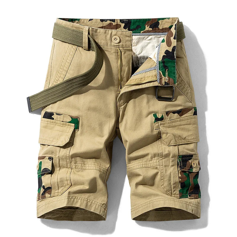 Beige cargo shorts with camouflage accents on a white background