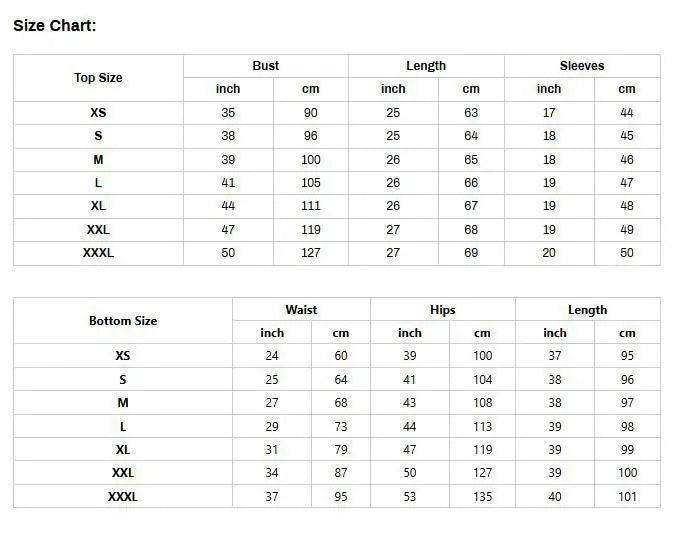 Size chart for top and bottom measurements in inches and centimeters