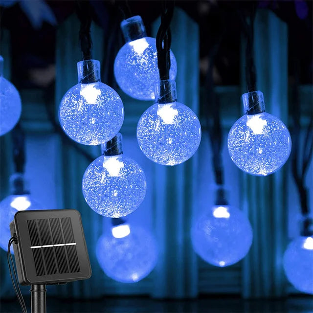 200 LED waterproof solar crystal globe string lights for outdoor garden, patio, or Christmas decoration.  blue
