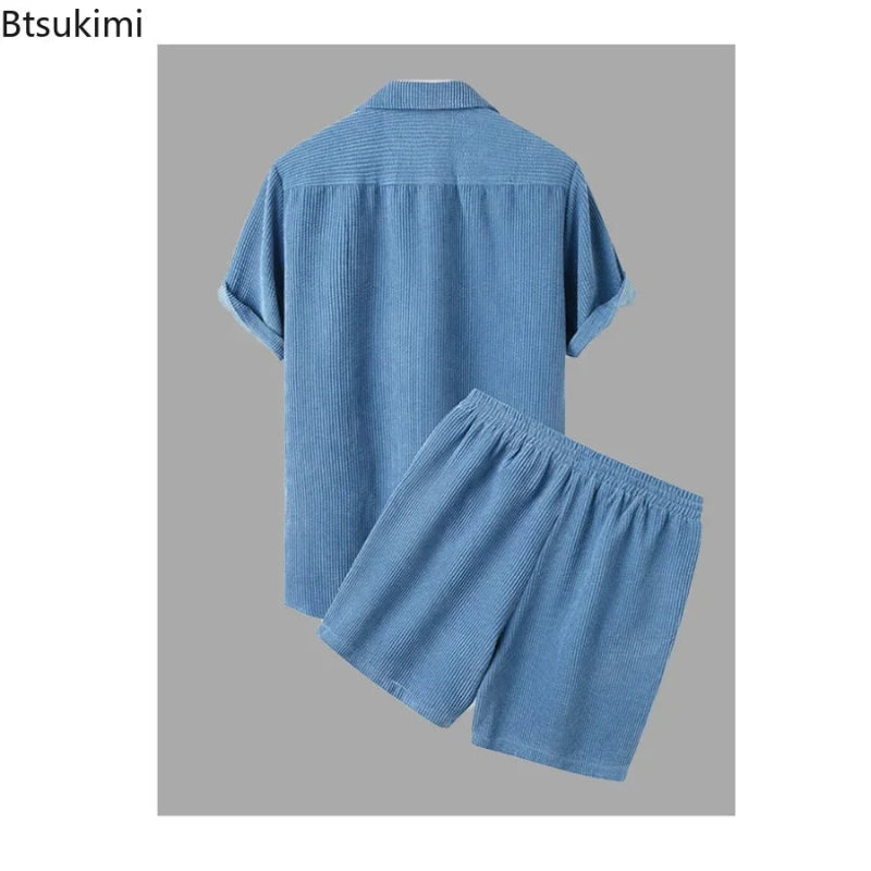 Blue textured shirt and shorts set on a gray background with 'Btsukimi' branding.