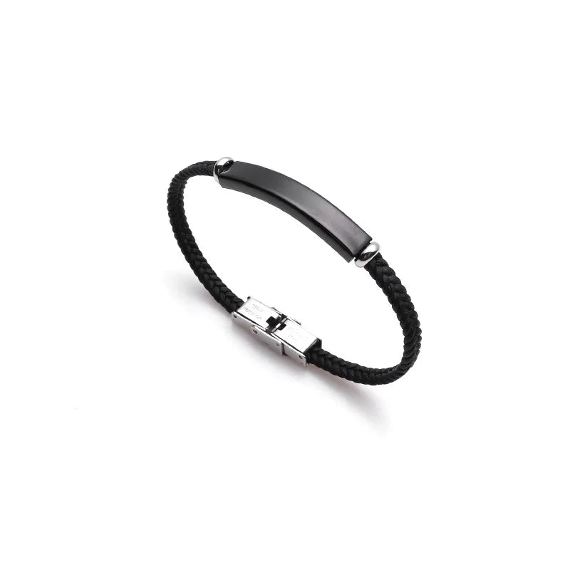 Personalized thin leather ID bracelet with custom name plate for men and women – stainless steel, punk-style accessory.  black