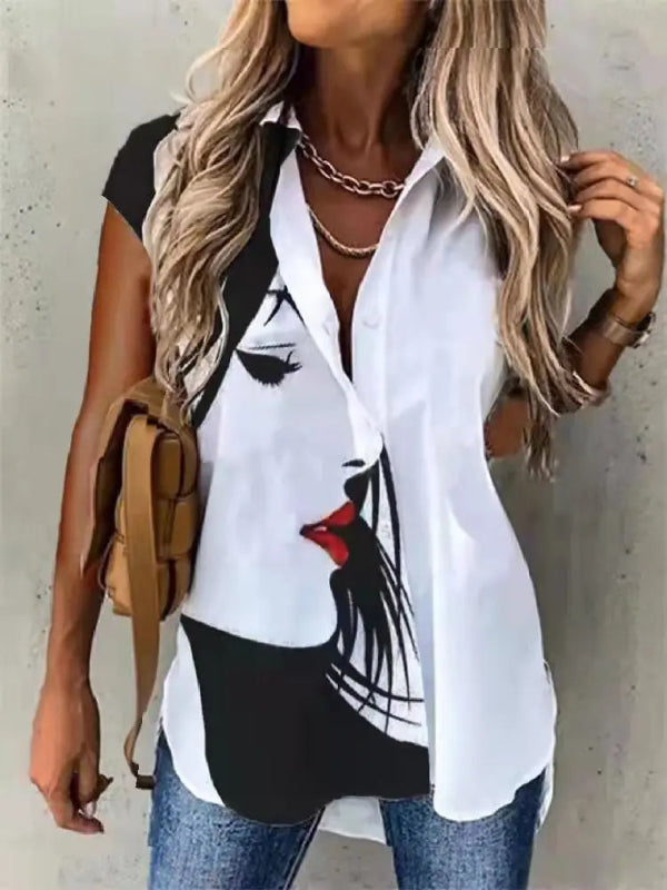 Woman wearing a white shirt with black and red graphics, holding a brown bag.