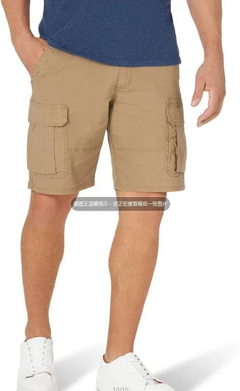 Beige cargo shorts worn by a person on a white background