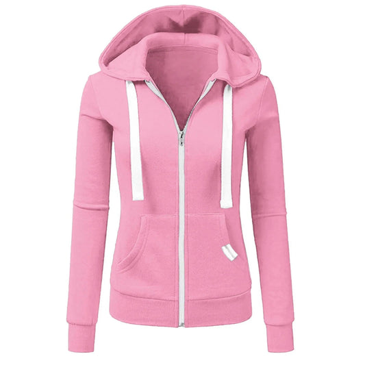 Pink hoodie with a zipper on a white background