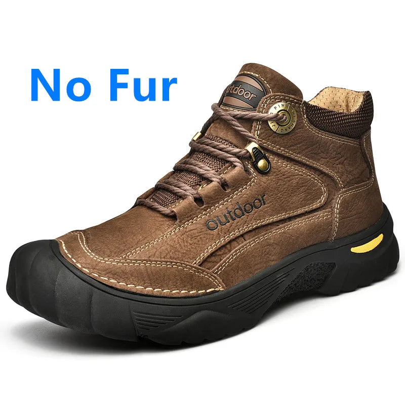 Brown outdoor boot with 'No Fur' text on a white background