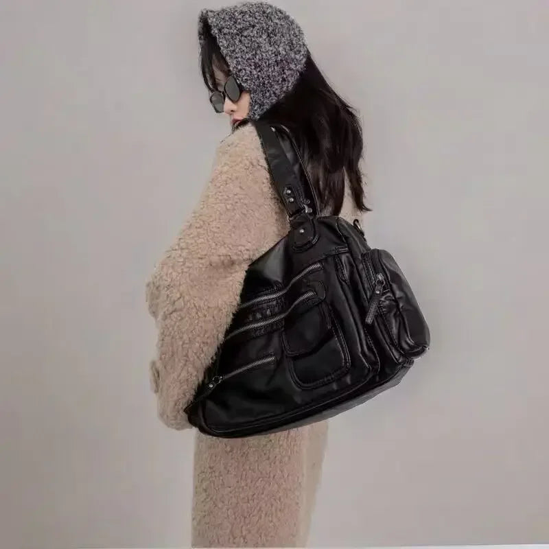Women's large capacity tote bag with multiple pockets crossbody shoulder handbag moto style commuter purse 03