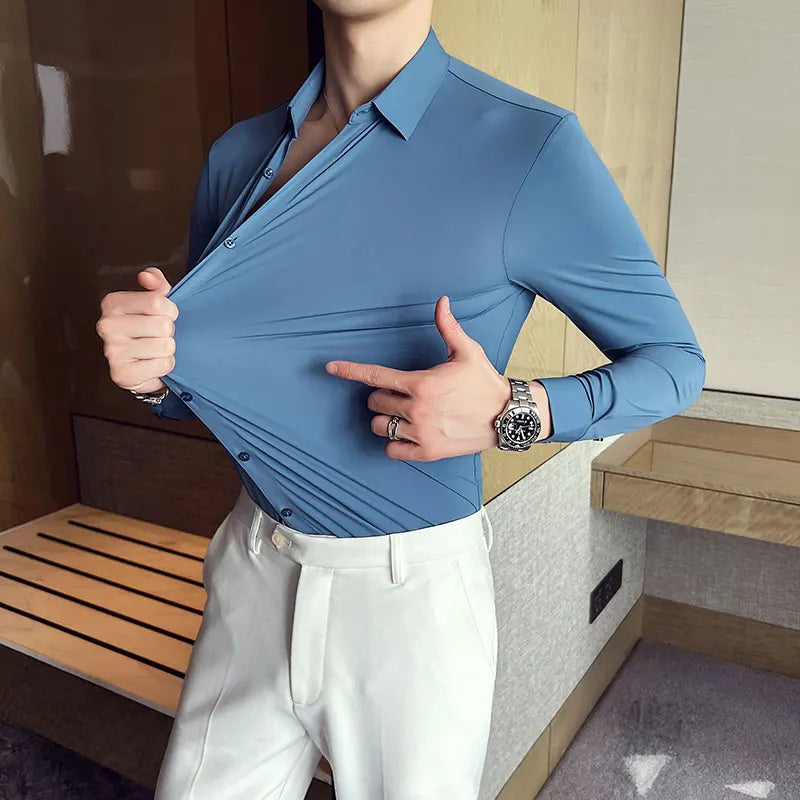 Plus size men’s seamless long sleeve slim fit shirt in high elasticity fabric, available from M to 4XL, suitable for casual and formal occasions.- 13