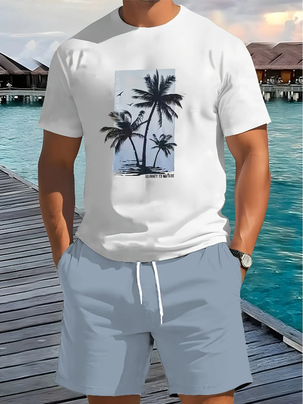 Men's Coconut Grove print casual two-piece set with short sleeve shirt and drawstring shorts summer vacation outfit whiite blue