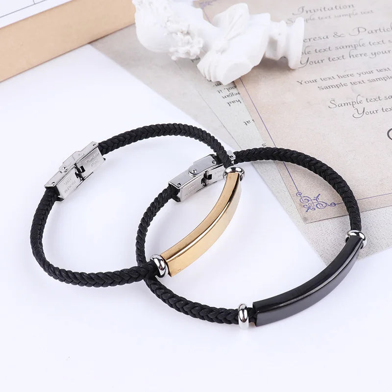 Personalized thin leather ID bracelet with custom name plate for men and women – stainless steel, punk-style accessory -black gold