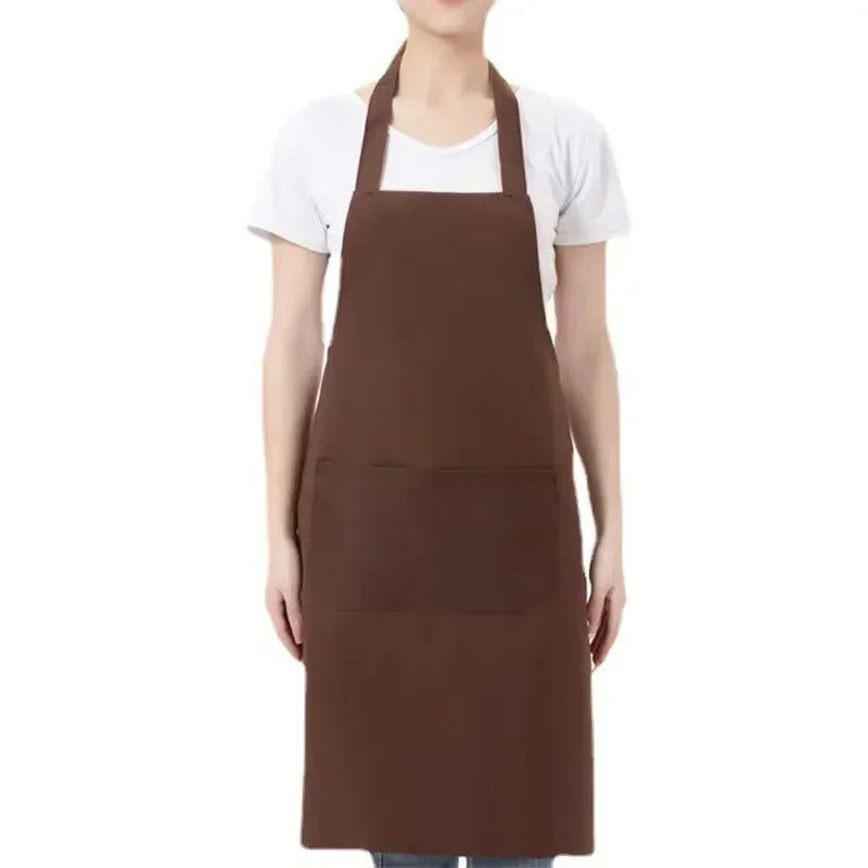 Unisex adjustable solid color cooking apron with front pocket for chefs, waiters, BBQ, kitchen, and salon use -brown
