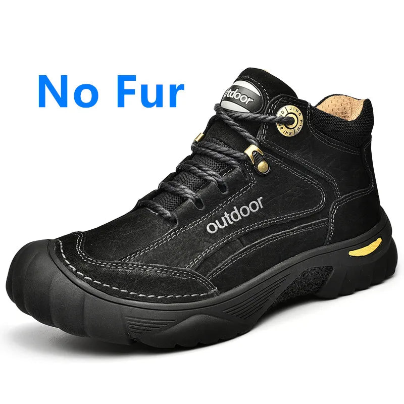 Black outdoor boot with gold accents on a white background, featuring 'No Fur' text.
