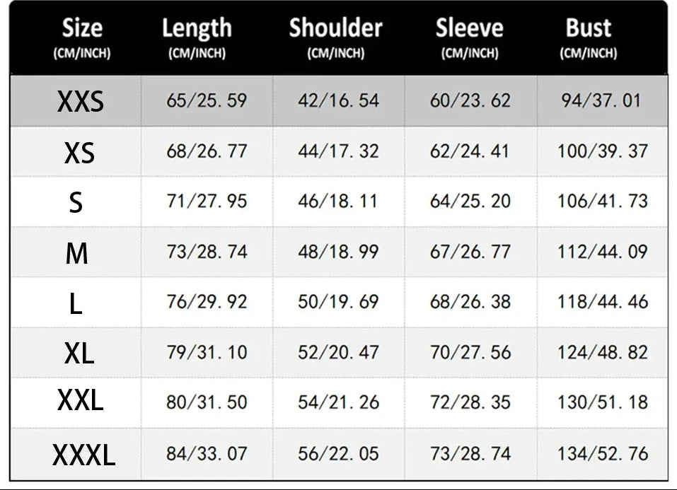 Size chart and measurement instructions for a long-sleeve shirt with labeled parts.
