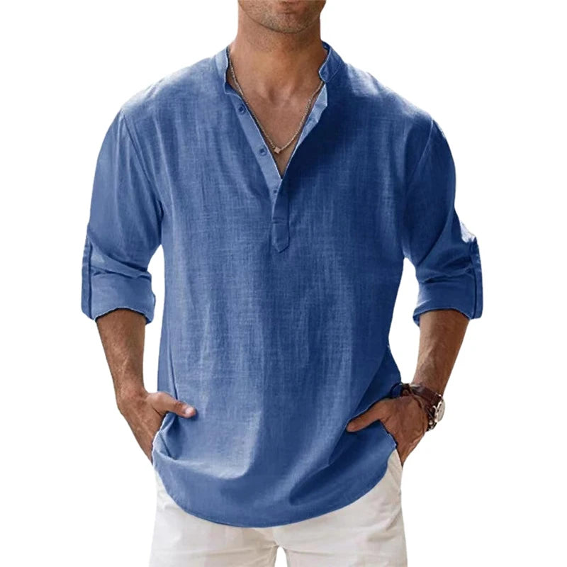 Lightweight men’s long sleeve cotton linen Henley shirt in casual beach style blue