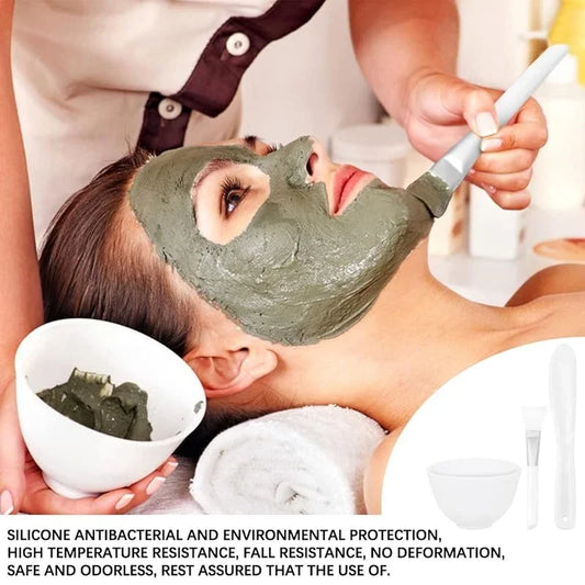 Person receiving a green facial mask treatment with text about silicone properties.