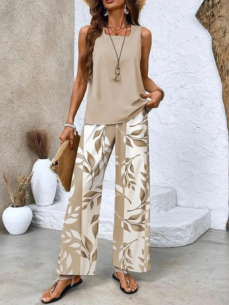Women's Botanical Print 2-Piece Set | Sleeveless Top & Wide Leg Pants
