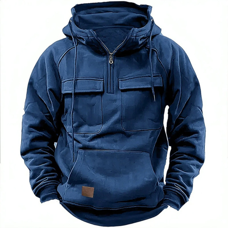 Blue hoodie with front pocket on a white background