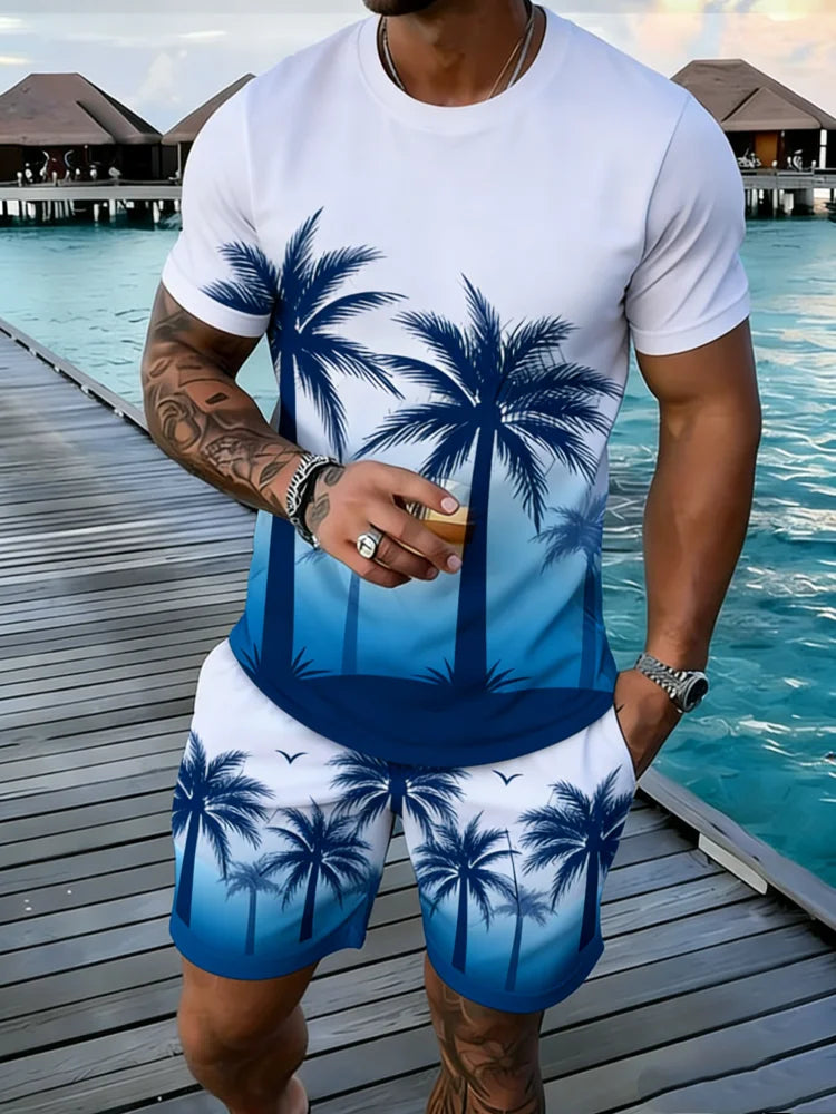 Person wearing a white and blue tropical-themed outfit with palm trees by a waterfront.
