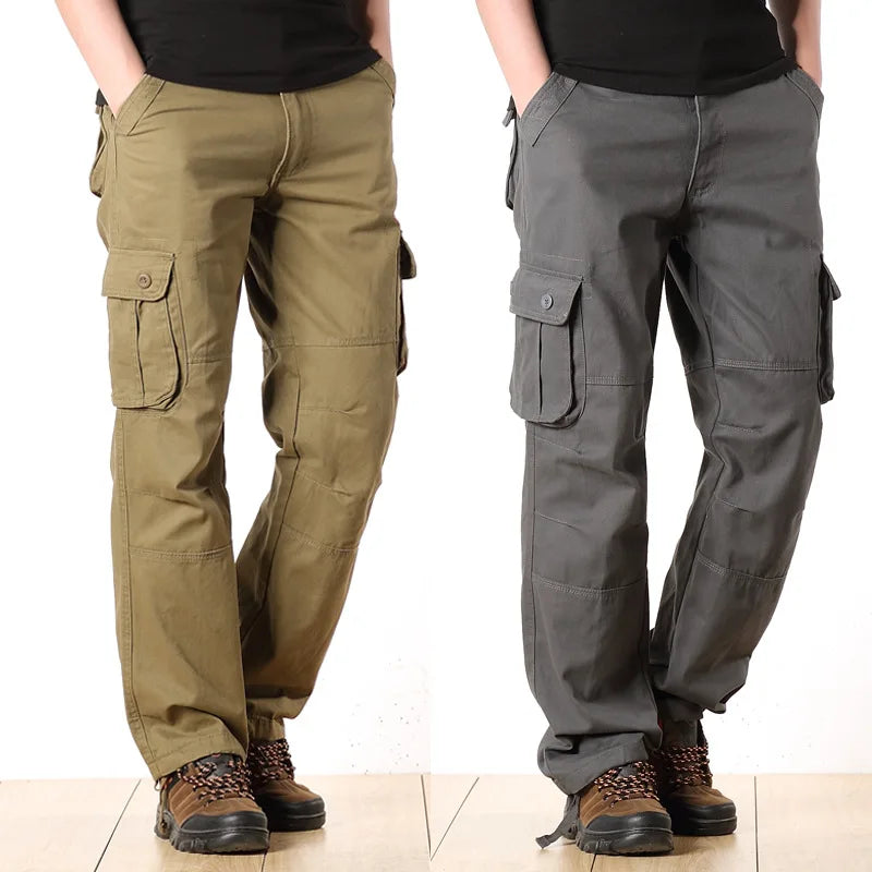 Two pairs of cargo pants, one beige and one gray, worn by models on a white background.