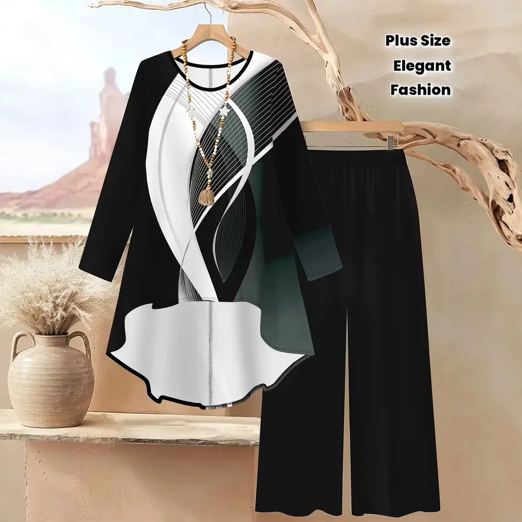 Casual Plus Size 2 Piece Set Women Outfit 2026 Fall Winter Summer Long Sleeve Floral Print Blouse Tops And Wide Leg Pant Sets