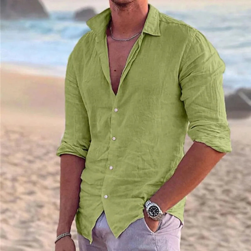 Men’s casual cotton linen polo neck long sleeve shirt in solid color, perfect for beach and holiday wear, lightweight and breathable fabric.-5